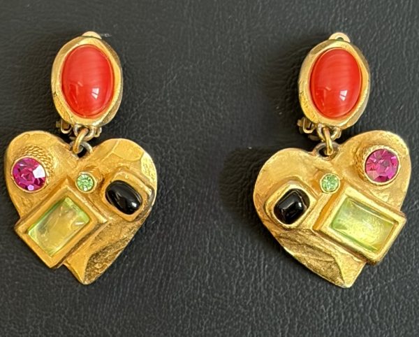 christian lacroix vintage gold tone heart drop earrings multi coloured cabochons 1990s