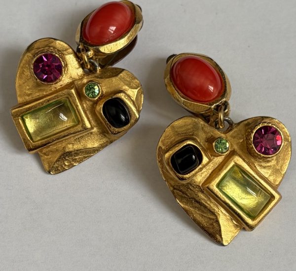 christian lacroix vintage gold tone heart drop earrings multi coloured cabochons 1990s