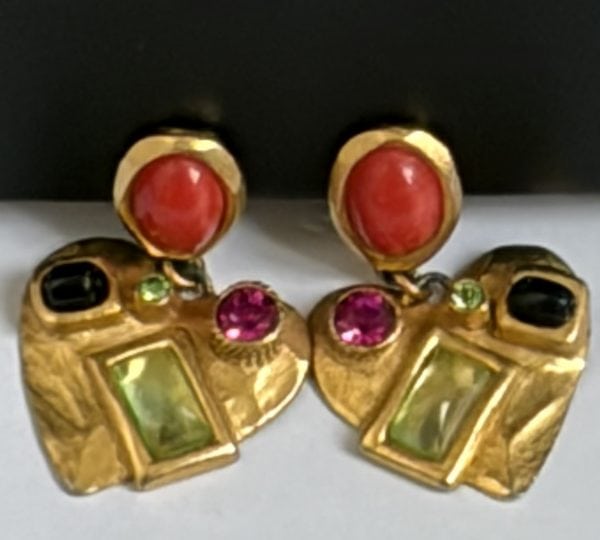 christian lacroix vintage gold tone heart drop earrings multi coloured cabochons 1990s