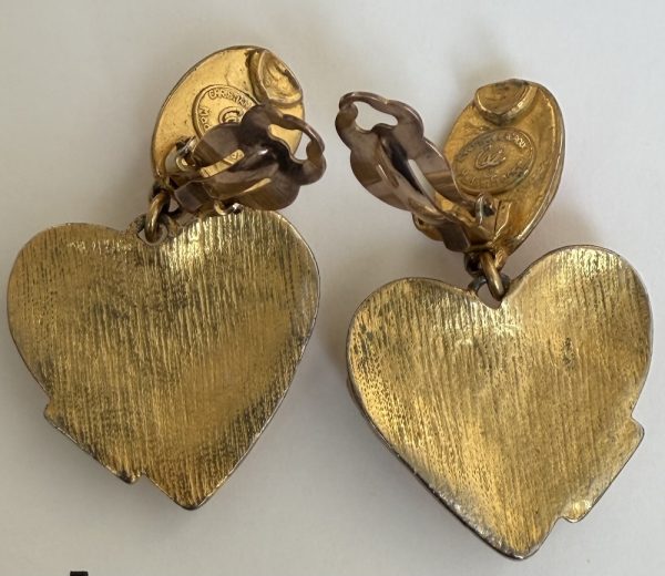 christian lacroix vintage gold tone heart drop earrings multi coloured cabochons 1990s
