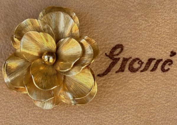 grosse 1958 henkel & grosse brooch floral camellia flower gold tone vintage