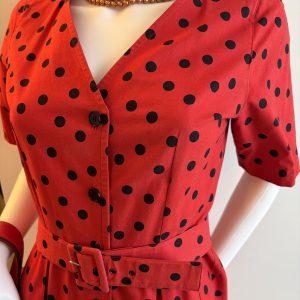 guy laroche 1970 vintage red & black polka dot pleated waist belted dress