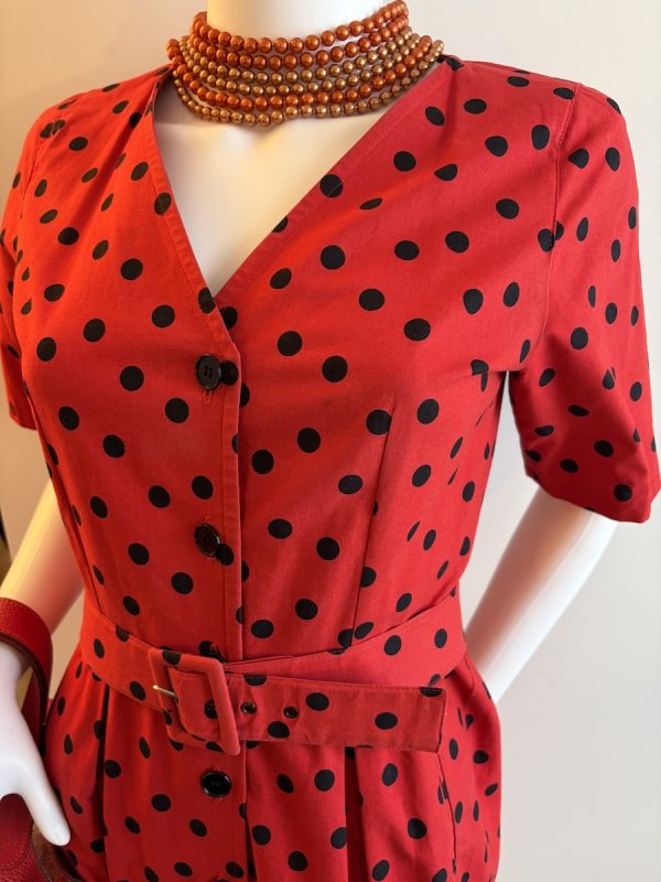 guy laroche 1970 vintage red & black polka dot pleated waist belted dress