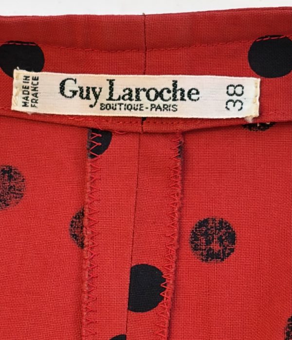 guy laroche 1970 vintage red & black polka dot pleated waist belted dress