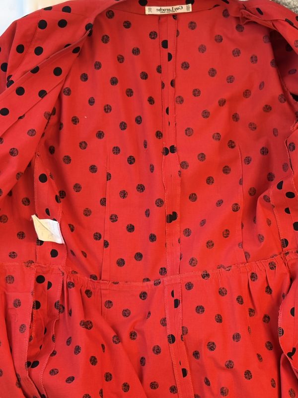 guy laroche 1970 vintage red & black polka dot pleated waist belted dress