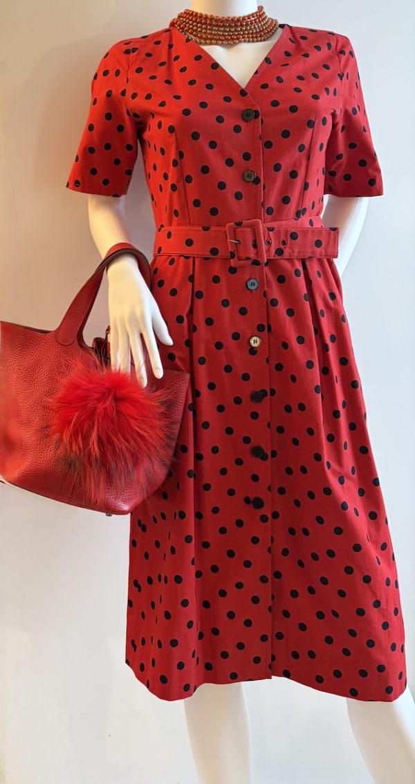 guy laroche 1970 vintage red & black polka dot pleated waist belted dress