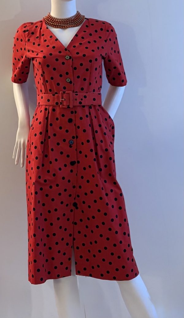 guy laroche 1970 vintage red & black polka dot pleated waist belted dress