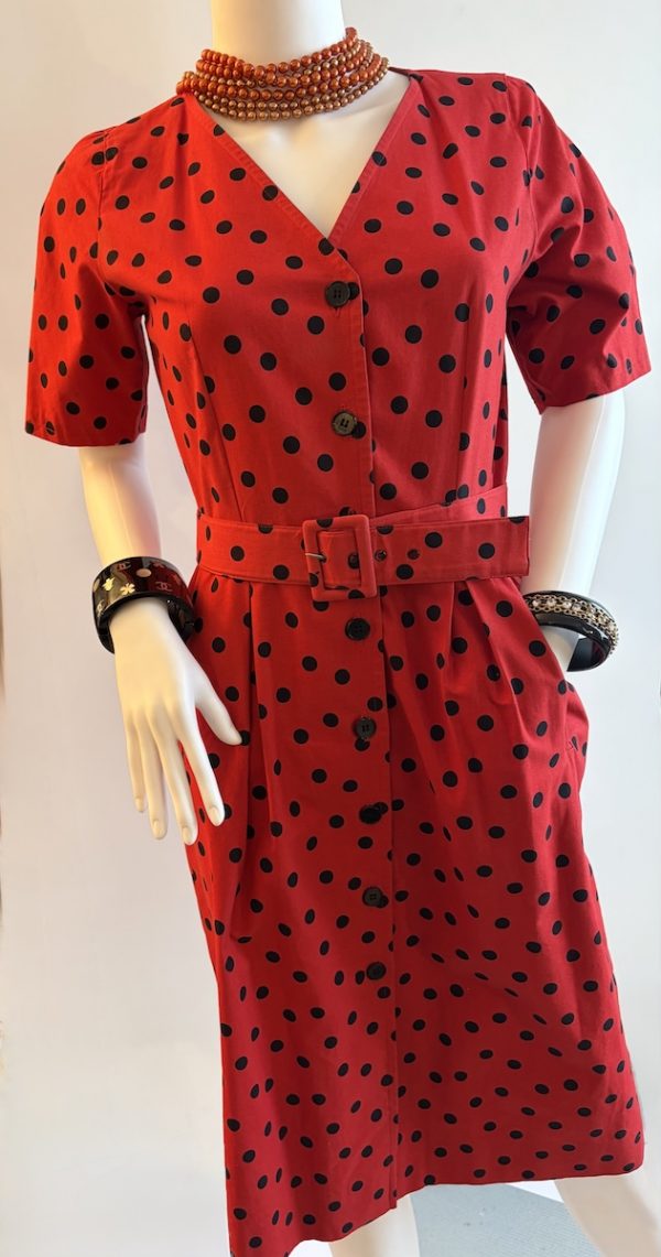 guy laroche 1970 vintage red & black polka dot pleated waist belted dress