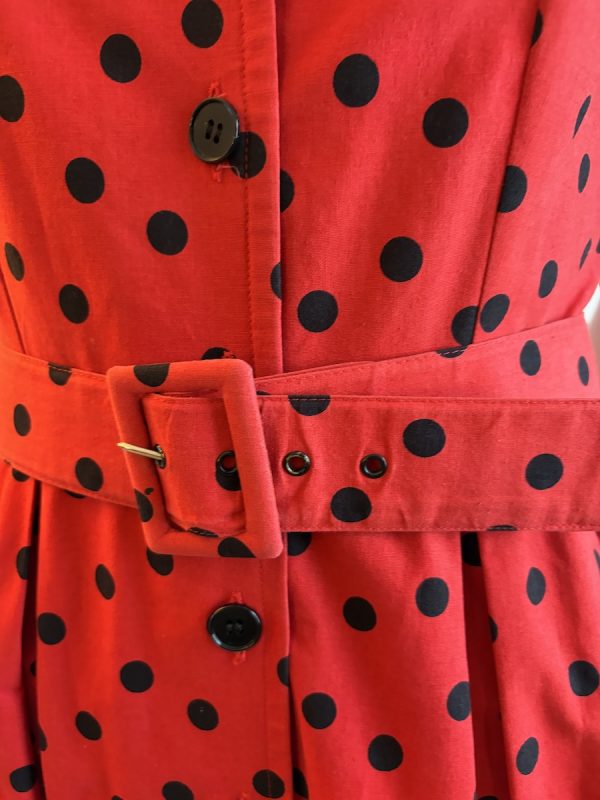 guy laroche 1970 vintage red & black polka dot pleated waist belted dress