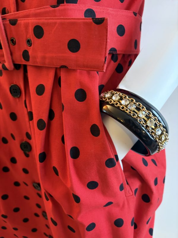 guy laroche 1970 vintage red & black polka dot pleated waist belted dress