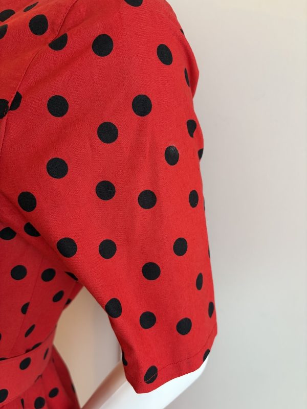 guy laroche 1970 vintage red & black polka dot pleated waist belted dress