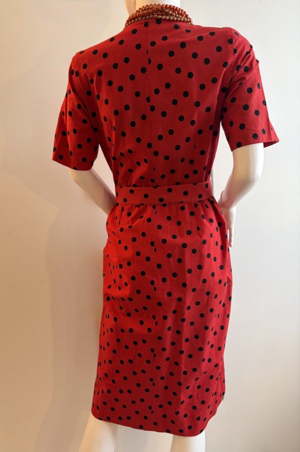 guy laroche 1970 vintage red & black polka dot pleated waist belted dress