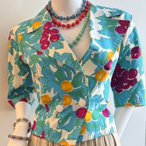 guy laroche vintage double breasted blue tutti fruity floral v shape short jacket c.1980s