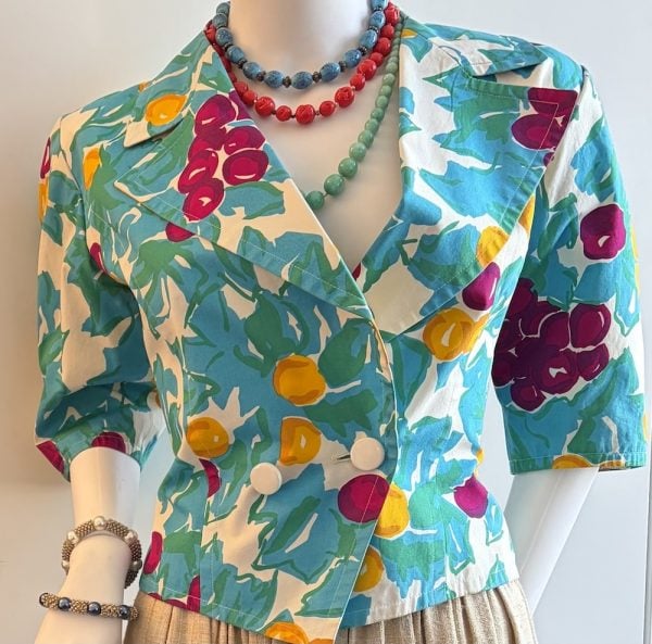 guy laroche vintage double breasted blue tutti fruity floral v shape short jacket c.1980s