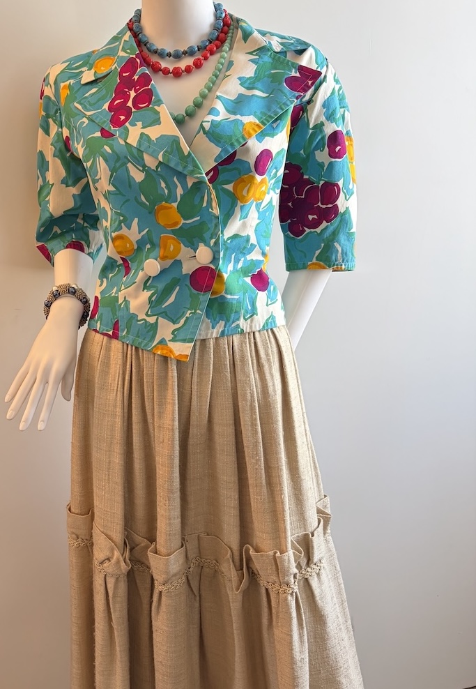 guy laroche vintage double breasted blue tutti fruity floral v shape short jacket c.1980s