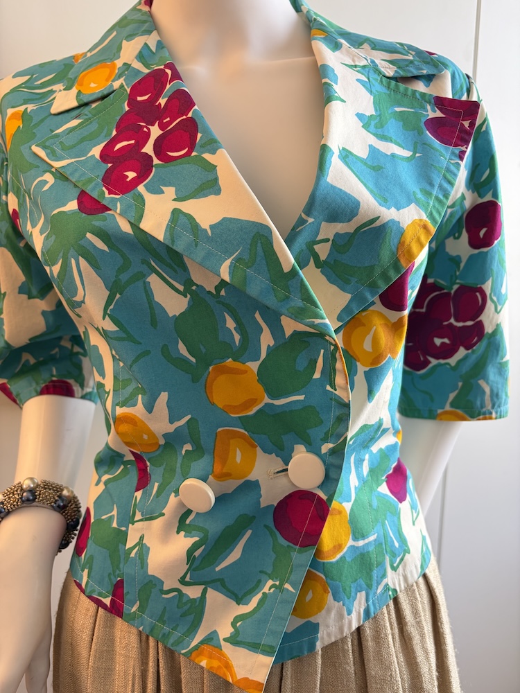 guy laroche vintage double breasted blue tutti fruity floral v shape short jacket c.1980s