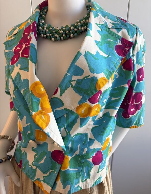 guy laroche vintage double breasted blue tutti fruity floral v shape short jacket c.1980s