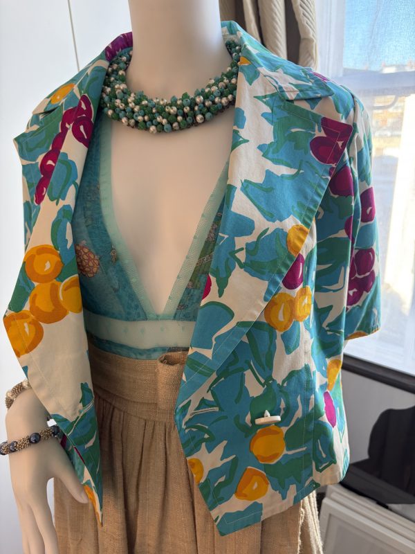 guy laroche vintage double breasted blue tutti fruity floral v shape short jacket c.1980s