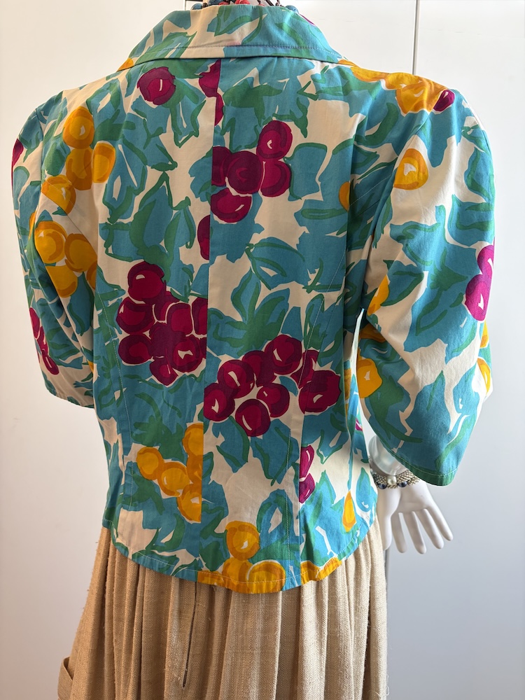 guy laroche vintage double breasted blue tutti fruity floral v shape short jacket c.1980s