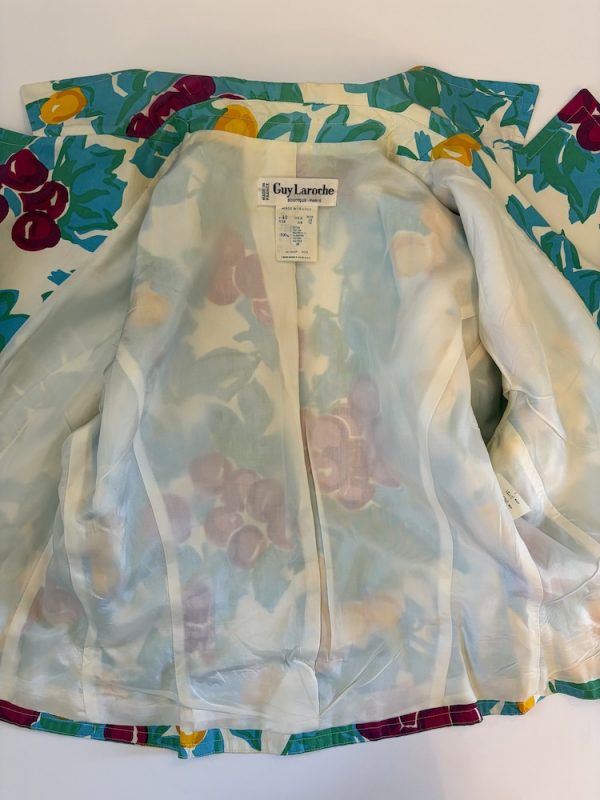 guy laroche vintage double breasted blue tutti fruity floral v shape short jacket c.1980s