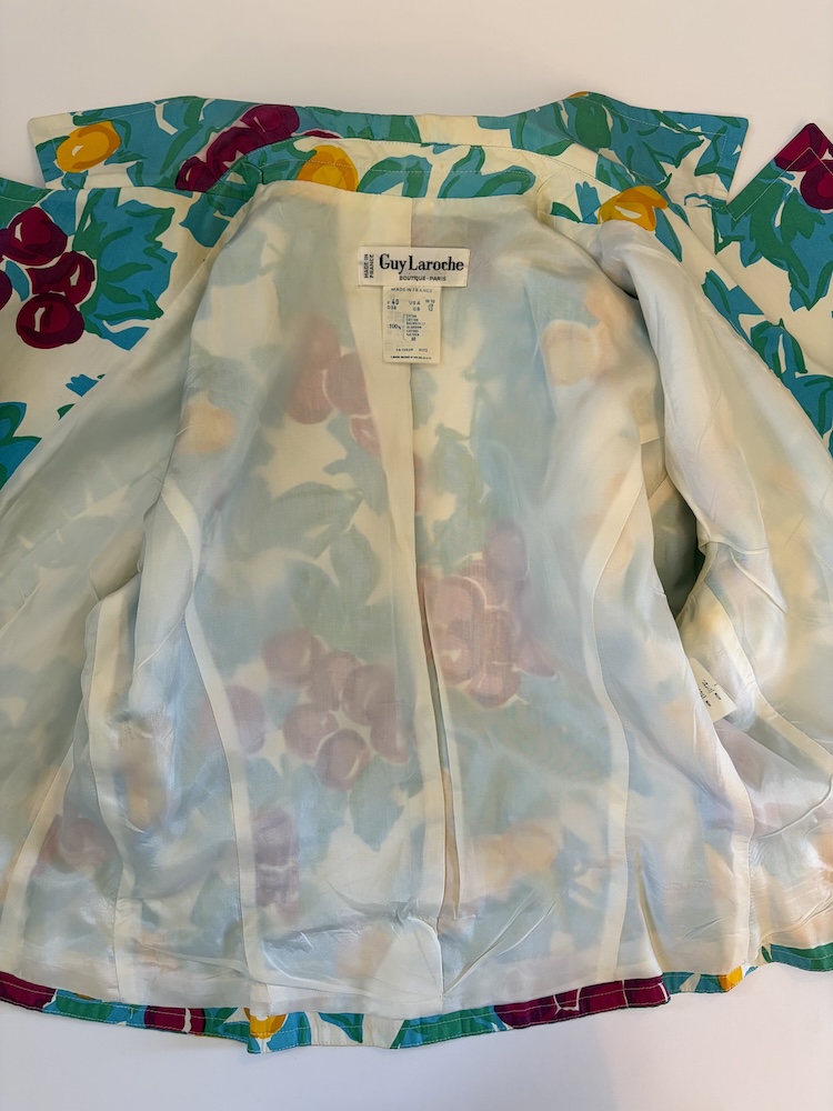 guy laroche vintage double breasted blue tutti fruity floral v shape short jacket c.1980s