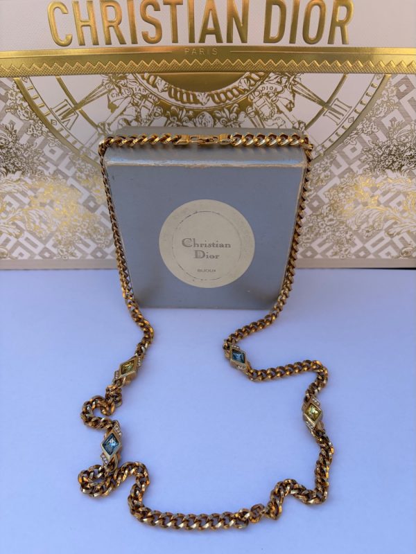 vintage 1980s christian dior long chain necklace with coloured poured glass