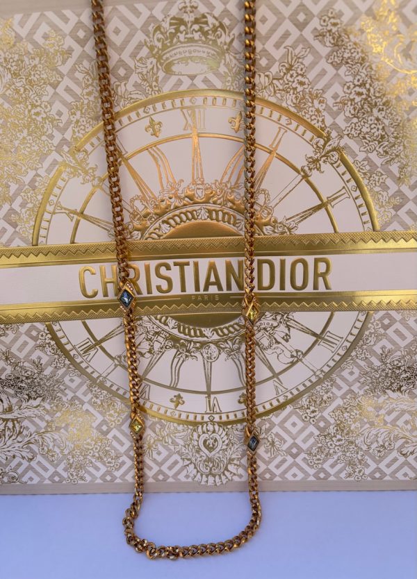 vintage 1980s christian dior long chain necklace with coloured poured glass