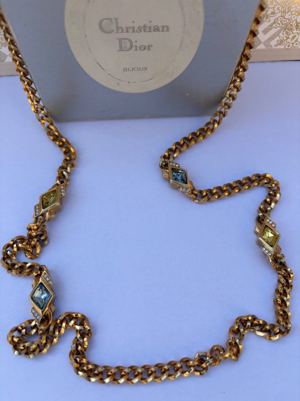 vintage 1980s christian dior long chain necklace with coloured poured glass