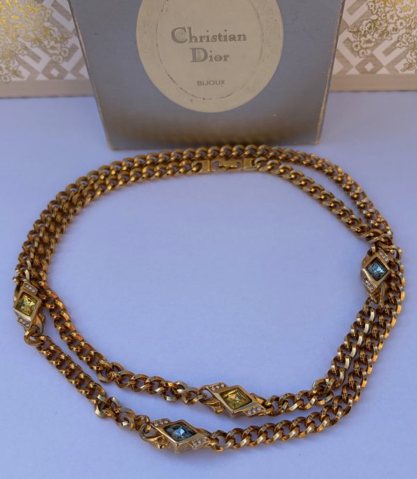 vintage 1980s christian dior long chain necklace with coloured poured glass