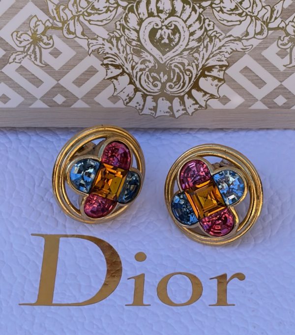 vintage christian dior paris 1980 red blue yellow cabochon glass crystals cross earrings