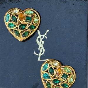 yves saint laurent heart shaped multicoloured earrings gilded diamenté haute couture by robert goossens 1983