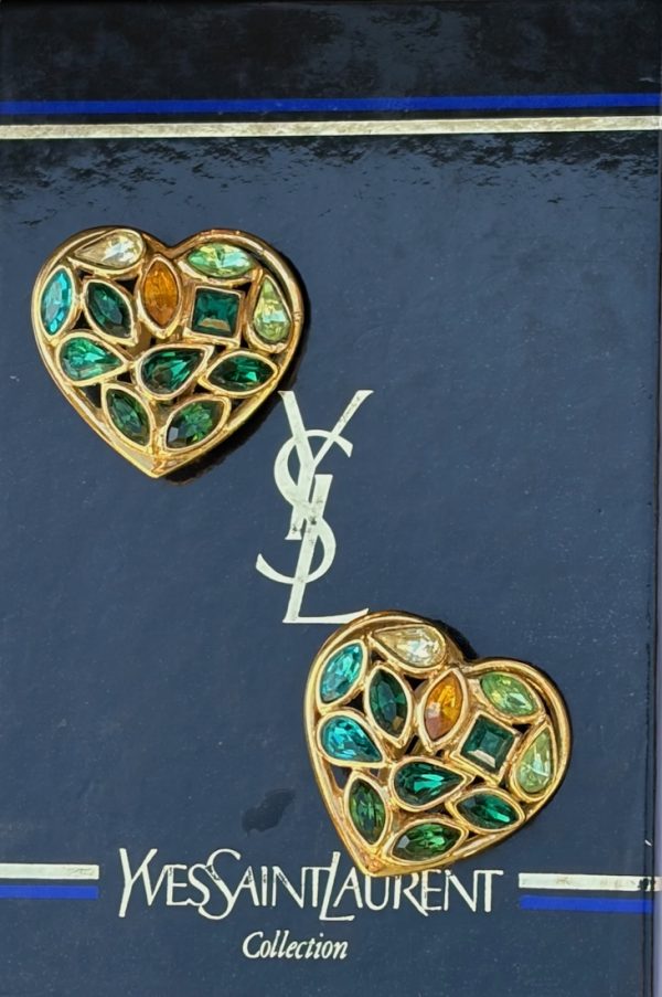 yves saint laurent heart shaped multicoloured earrings gilded diamenté haute couture by robert goossens 1983