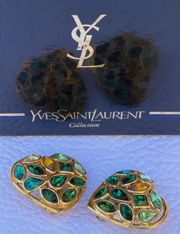 yves saint laurent heart shaped multicoloured earrings gilded diamenté haute couture by robert goossens 1983