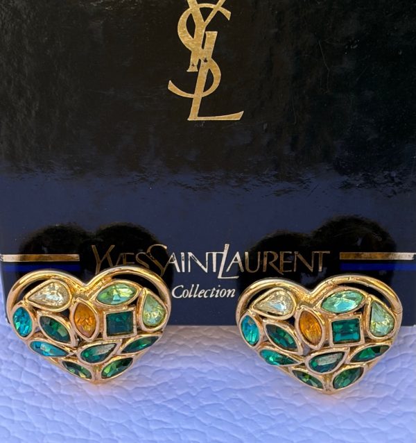 yves saint laurent heart shaped multicoloured earrings gilded diamenté haute couture by robert goossens 1983