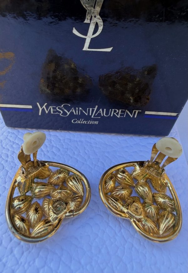 yves saint laurent heart shaped multicoloured earrings gilded diamenté haute couture by robert goossens 1983