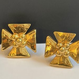 yves saint laurent large gold tone maltese cross clip on earrings 1988