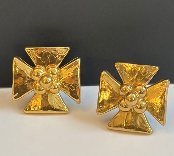 yves saint laurent large gold tone maltese cross clip on earrings 1988