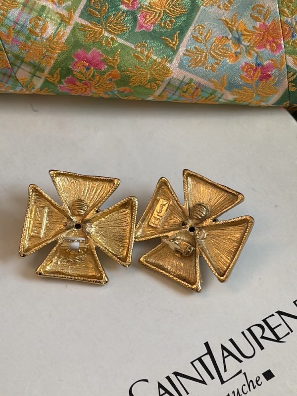 yves saint laurent large gold tone maltese cross clip on earrings 1988
