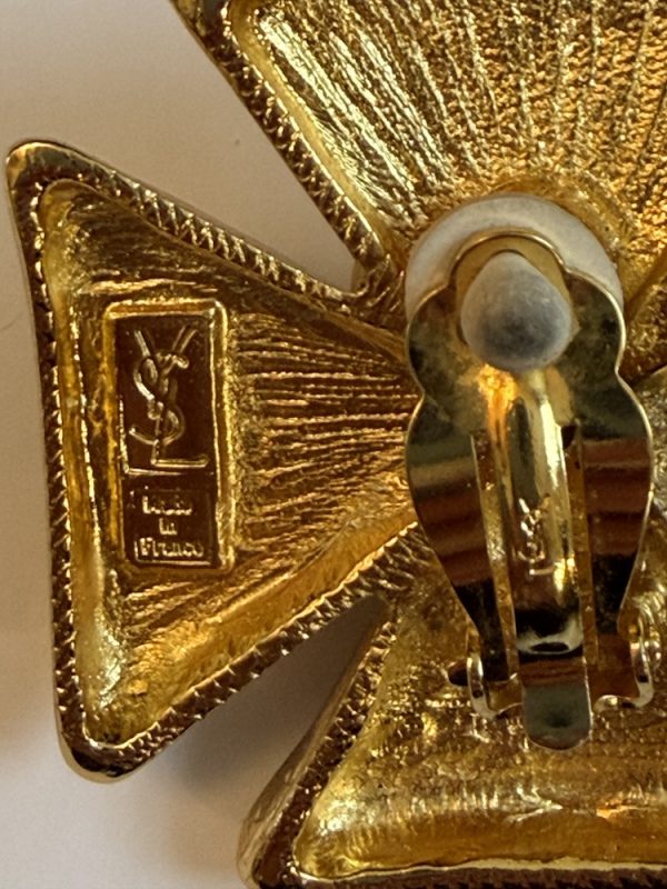 yves saint laurent large gold tone maltese cross clip on earrings 1988