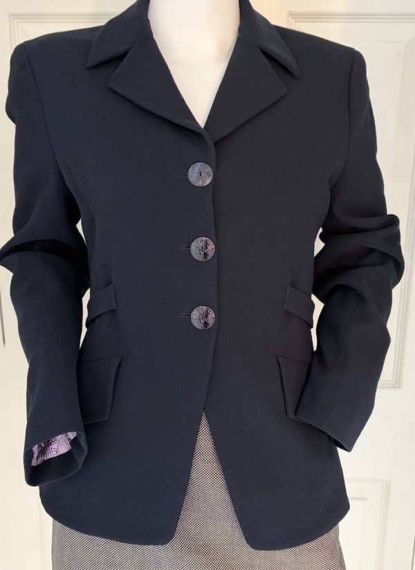 1990s christian lacroix bazar vintage navy blue fitted martingale wool crepe jacket