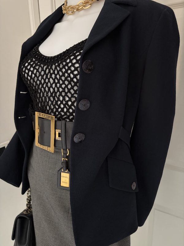 1990s christian lacroix bazar vintage navy blue fitted martingale wool crepe jacket