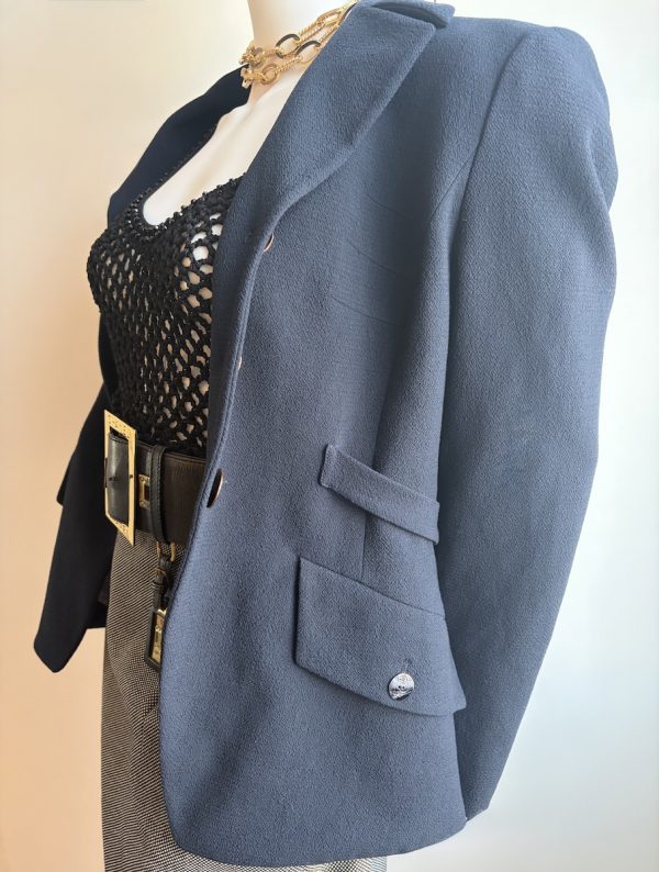 1990s christian lacroix bazar vintage navy blue fitted martingale wool crepe jacket