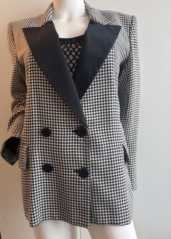1990s yves saint laurent vintage double breasted black white houndstooth wool blazer smoking