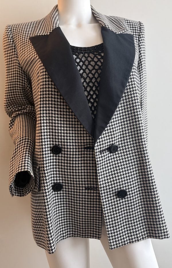 1990s yves saint laurent vintage double breasted black white houndstooth wool blazer smoking