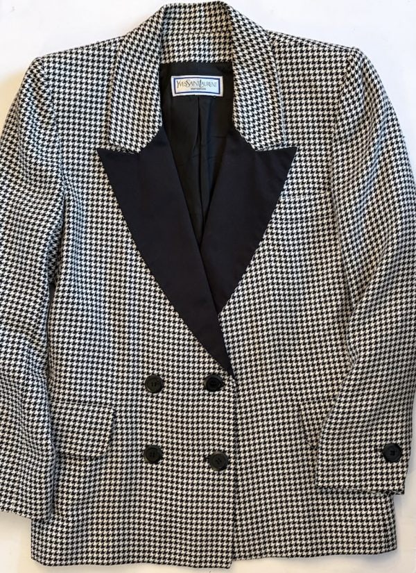 1990s yves saint laurent vintage double breasted black white houndstooth wool blazer smoking
