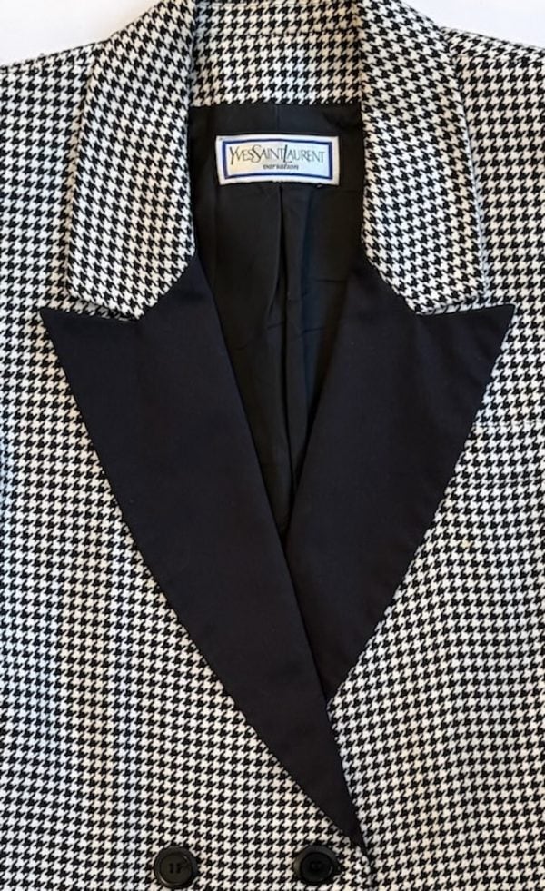 1990s yves saint laurent vintage double breasted black white houndstooth wool blazer smoking