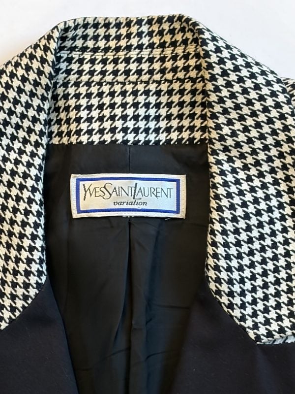 1990s yves saint laurent vintage double breasted black white houndstooth wool blazer smoking