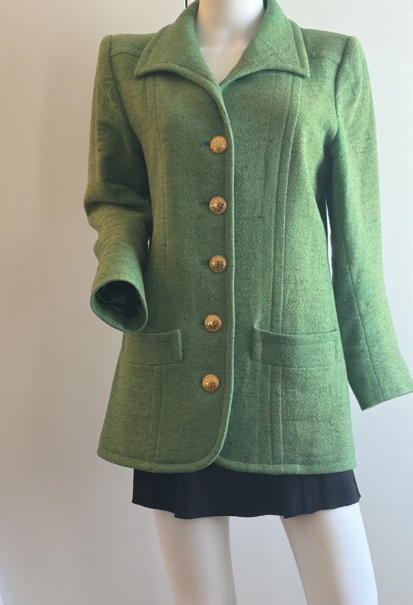 1990s yves saint laurent vintage single breasted green wool tweed jewel buttons jacket