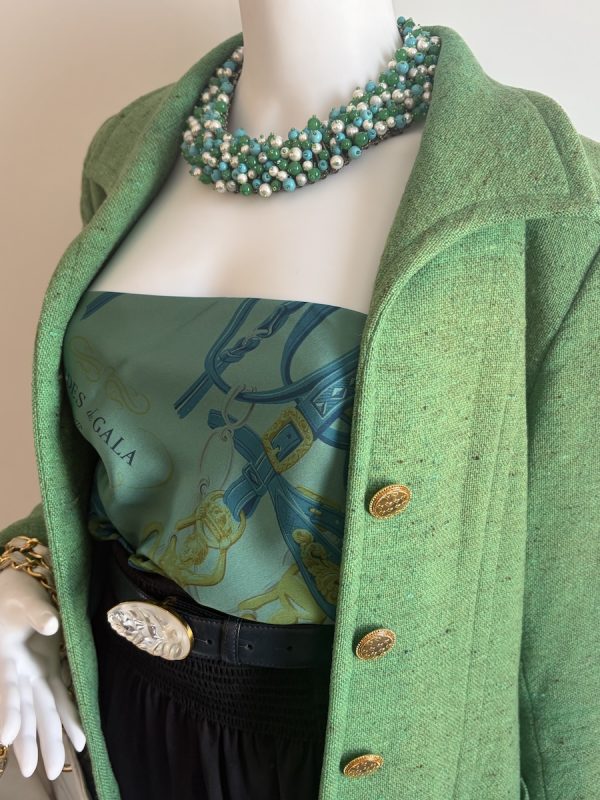 1990s yves saint laurent vintage single breasted green wool tweed jewel buttons jacket