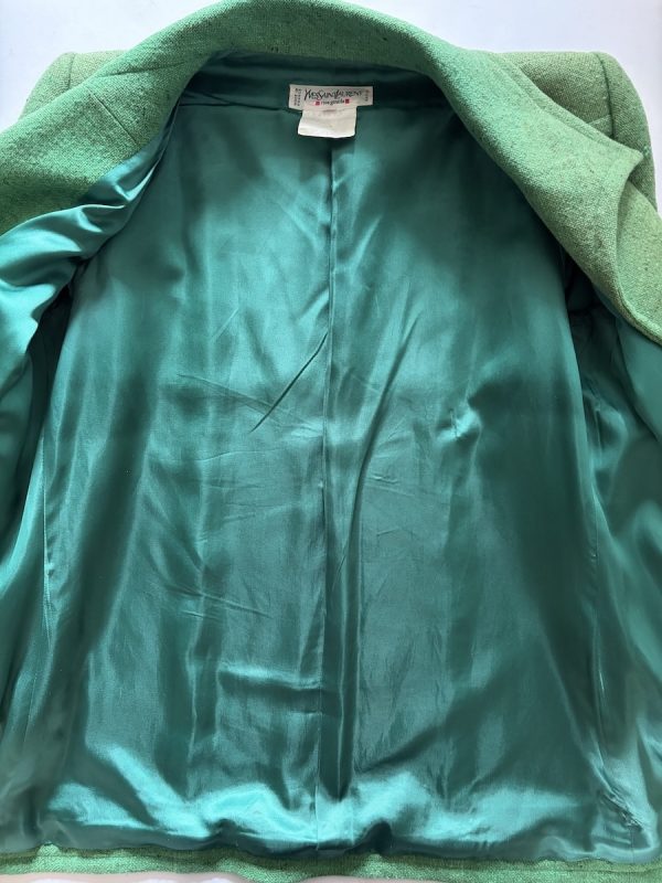 1990s yves saint laurent vintage single breasted green wool tweed jewel buttons jacket
